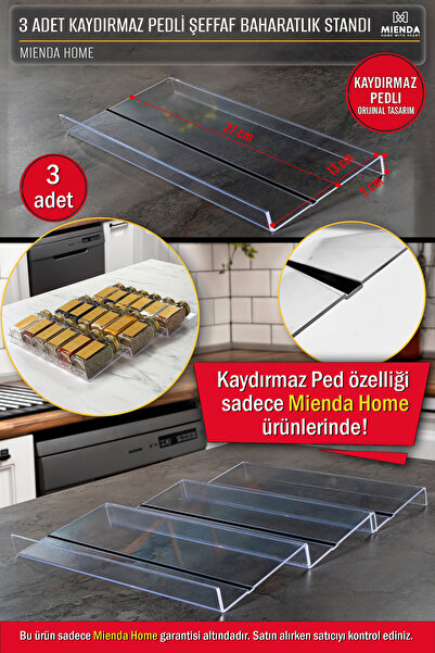 Mienda Home 3 Adet Kaydırmaz Pedli Şeffaf Baharatlık Standı - 27x13 Cm Ebatlı...