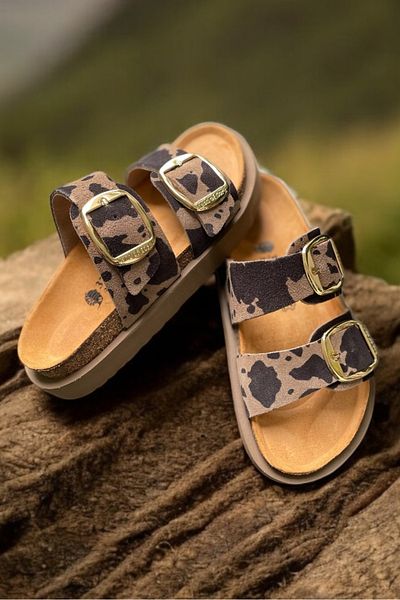 Land of Cork Anatomical Natural Cork Sole Cow Animal Big Buckle Leather Slippers