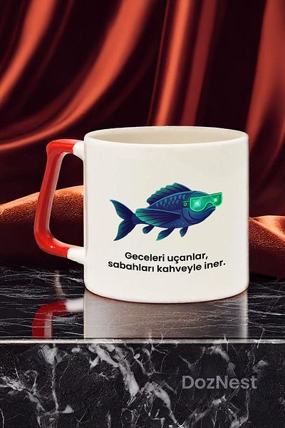 DozNest "Those Who Fly at Night, Slide in the Morning with Coffee." Written Red Handled Mug Cup Dza97