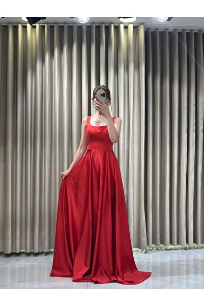 Kaleiçi Yıldızlar Kırmızı Yeni Sezon Saten Abiye 5604