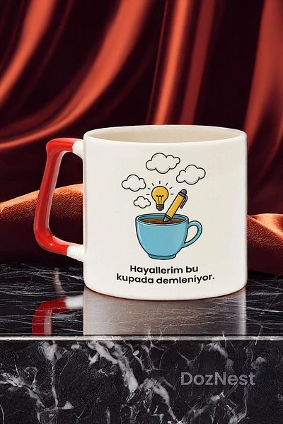 DozNest "My Dreams Are in This Mug." Written Red Handled Mug - Gift Coffee Glass Dza94