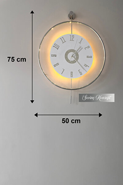 SEVİNÇ KONSEPT LED'li GÜMÜŞ İzmir Kristal 24 Tiktok (BÜYÜK BOY 50 X 75 Cm), Modern Dekoratif Metal Duvar Saati