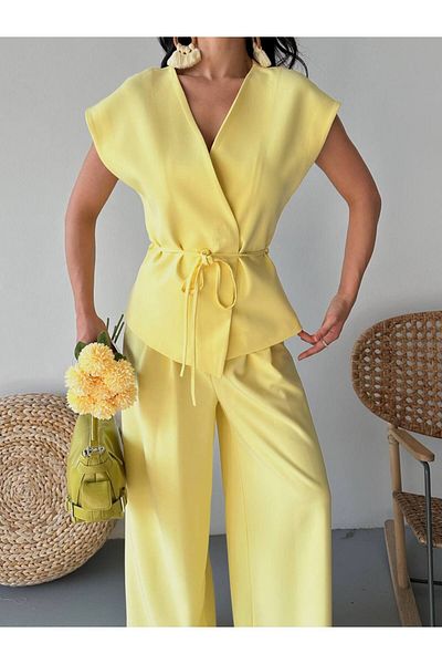 LOBOLIC Modern Style Double Breasted Suit - Belted Top & Wide Leg Pants