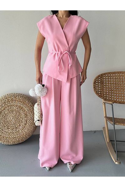 LOBOLIC Modern Style Double Breasted Suit - Belted Top & Wide Leg Pants