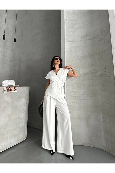 LOBOLIC Modern Style Double Breasted Suit - Belted Top & Wide Leg Pants