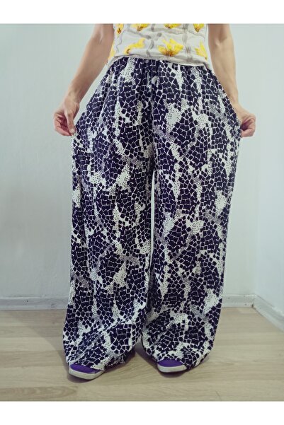 hoaryage Ethnic Patterned 100% Cotton Viscose Pressed Trousers with Elastic Waist36-44Sizes