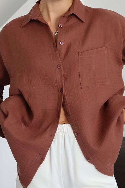 Mogi Butik Дамска риза Oversize Basic от муселин с джоб 3079