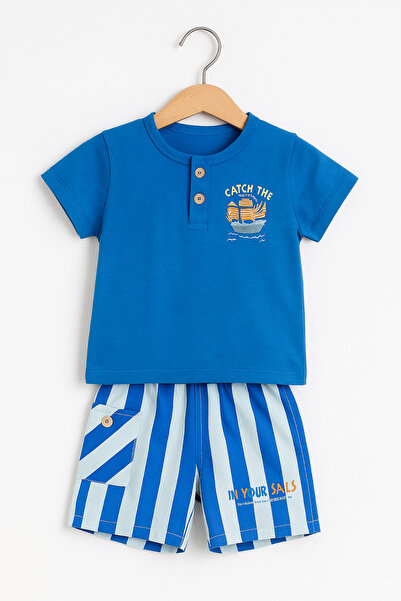 BABİDO Baby Boy 2 Piece Shorts Set 100% Cotton T-Shirt Linen Striped Shorts