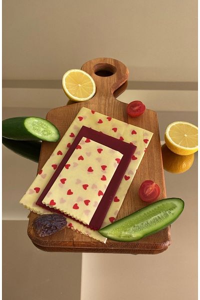 Home Heart Patterned Fabric Reusable Natural Waxed (Wax) Food Storage Cloth Set of 3