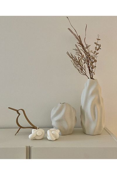 Lui Tasarım Cream Color Ceramic Vase Set of 2 Wave Pattern Elegant Bohemian