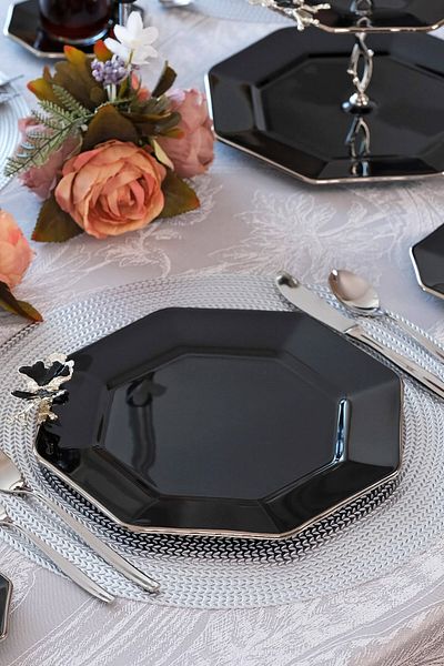 Glore Dolmabahçe Octagonal Black Platinum Gilded Glass Serving Plate Set for 6 People