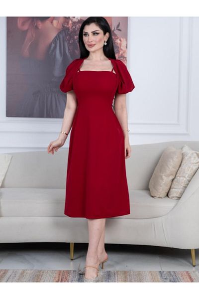 Nice Model Elegant Square Neckline Crepe Midi Dress Short Sleeves Women's Formal Office Party Dress
