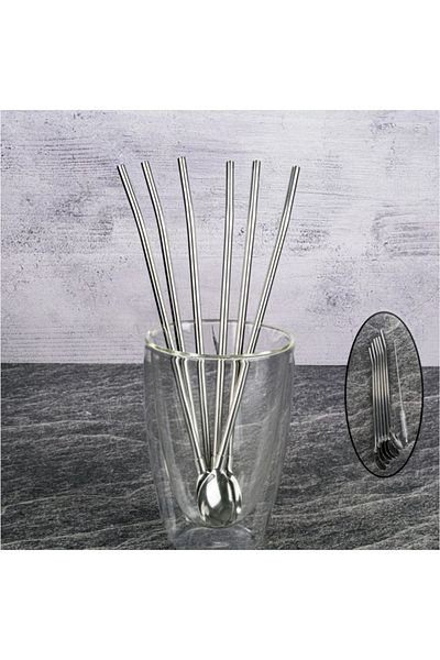 Tohana Steel Straw with Spoon 6pcs + Brush Cocktail Stirrer Cocktail Spoon Bar Cocktail Spoon 6pcs