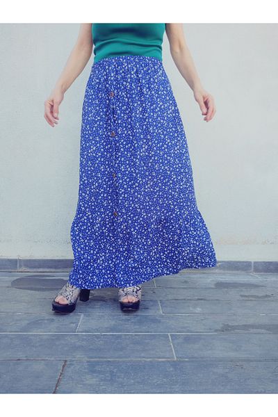 hoaryage Viscose Push - Fusta cu flori crocante cu volane si detaliu cu nasturi