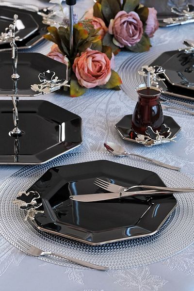 Glore Dolmabahçe Octagonal Black Platinum Gilded Glass Serving Plate Set for 6 People