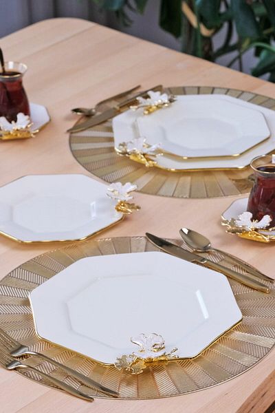Glore Dolmabahçe Octagonal Cream Gold Gilt Glass Serving Plate Set for 6 Persons