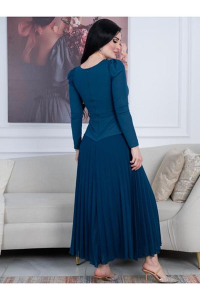 Nice Model Elegant Crepe Midi Dress Wrap Top Pleated Skirt Long Sleeve V-Neck Women's Formal Casual Wear