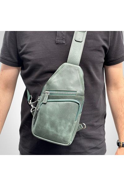 MFT Leather Design Χακί δερμάτινη τσάντα ώμου - φαρδύ μοντέλο (6981)