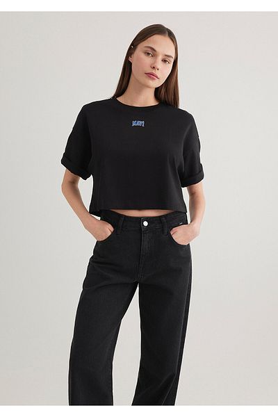 Mavi Schwarzes Crop-T-Shirt mit Logo-Print, Crop / Short Cut 1611585-900