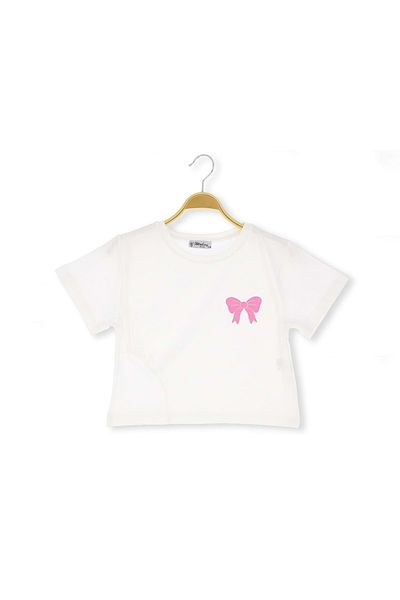 atabay 36/1 Compact Crop Girl's T-Shirt with Bow Print Ecru