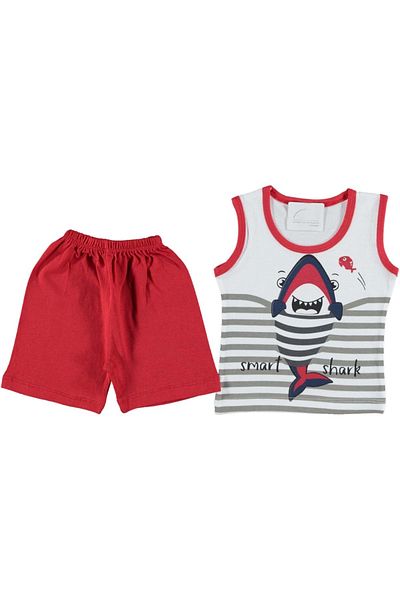 Balgüneş Tekstil Shark Printed Sleeveless Tshirt Shorts Set Red