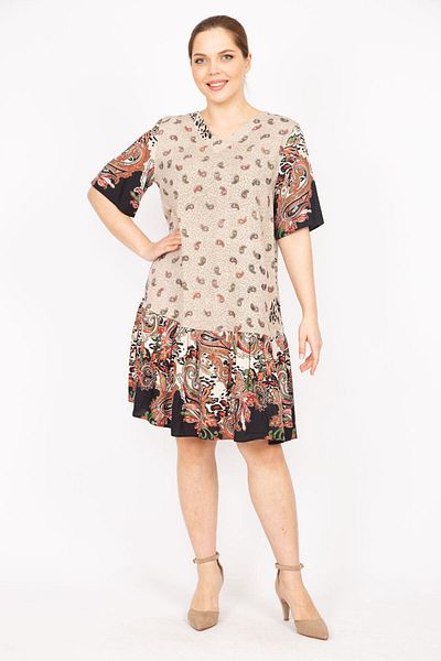 Şans Damska sukienka taupe, plus size, tkana z tkaniny wiskozowej we wzór paisley 65n35834