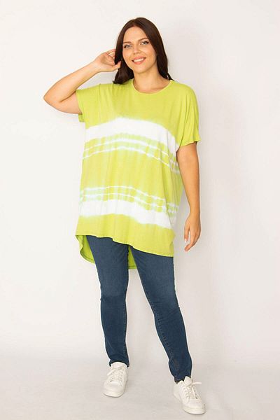 Şans Women's Large Size Green Batik Patterned Relaxed Cut Tunic 65n34201