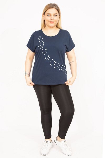 Şans Women's Navy Blue Plus Size Cotton Fabric Front Patterned Blouse 65n35767