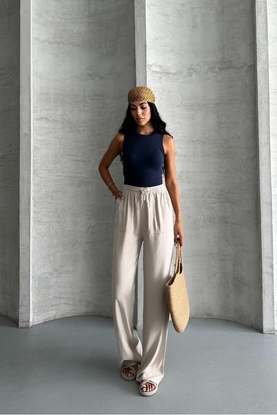 macharel jeans Παντελόνι βισκόζης με τετράγωνη τσέπη με φαρδύ πόδι