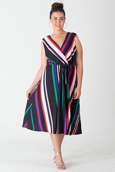 Şans Women's Large Size Patterned Wrap Striped Dress 65n29052