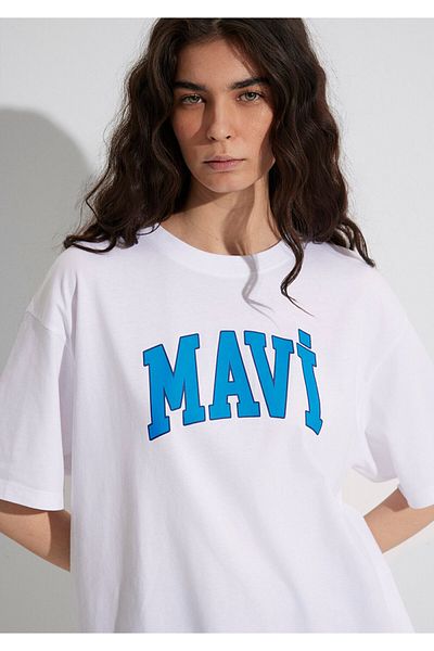 Mavi Tricou alb imprimat cu logo oversize / croi lat 1600843-70000
