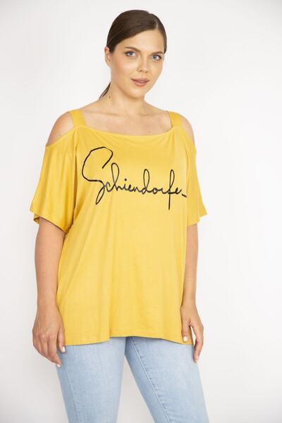 Şans Women's Large Size Mustard Strappy Shoulder Low-cut Lacquer Printed Blouse 65N28776