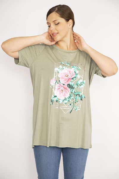 Şans Women's Khaki Large Size Relaxed Cut Crew Neck Front Printed Tunic 65n36595