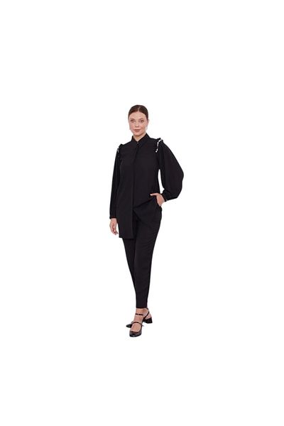 Levidor Shoulder Ruffle Stone Embroidery Detailed Two-Piece Suit