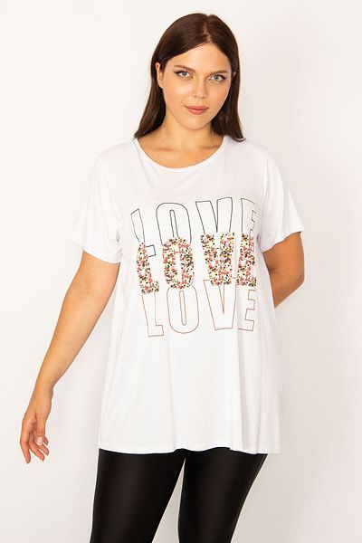 Şans Women's Plus Size White Front Printed Relaxed Cut Tunic 65n34198
