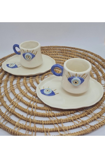 senseoftouch göz temalı nazar bocuğu kahve fincanı el yapımı seramik iki kişilik