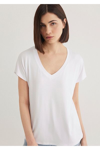 Mavi Tricou alb de bază viscoză cu decolteu în V Regular Fit 167714 -620