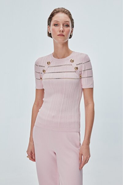 JOIN US Kadın Transparan Detaylı Düğmeli Bluz 0006 Pembe