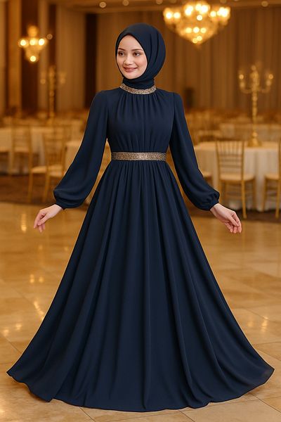Neva Style Μπαλόνι μανίκι Σκούρο Navy Blue Hijab Βραδινό Φόρεμα 5339kl