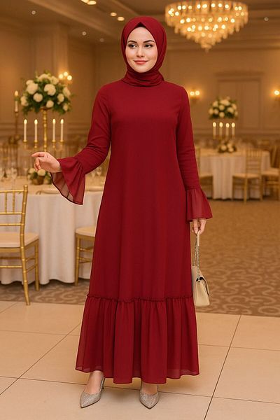 Neva Style Μανίκι Flounced Claret Red Hijab Φόρεμα 5729br