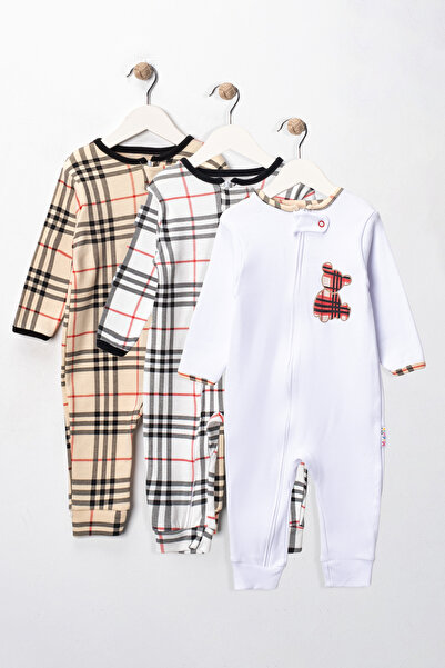 ENİA BABY Unisex Kareli Bebek Desenli Fermuarlı 3lü Tulum 9-12-18 ay 3'lü Pam...