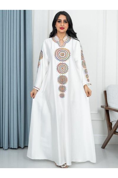 Nice Model Long White Jalabiya Dress Colorful Embroidery Traditional Elegant Women Plus Size Maxi Kaftan