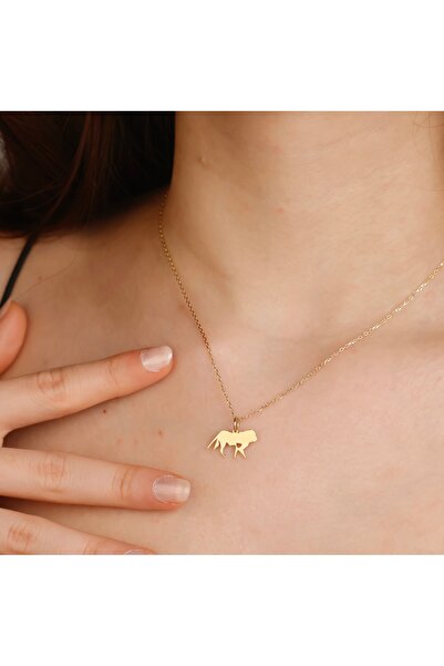 altın temas Kalpli Aslan Figürlü Kolye 18K Altın Kaplama 925 Ayar Gümüş