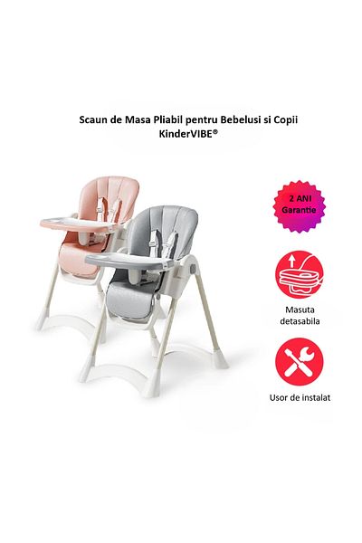 Smart Vibe Scaun înalt pliabil Kindervibe® 6 m • 4 poziții de înclinare, reglabil pe înălțime, ham în 5 puncte, tavă detașabilă