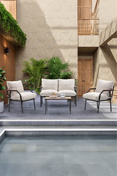 UFUK HOME Sehpalı Krem Fermuarlı Bahçe Balkon Takımı, Cafe, Salon - Metal Kan...