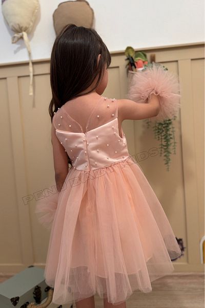 penu baby kids Salmon Top Pearl Tulle Big Pompom Girl's Baby Girl Dress