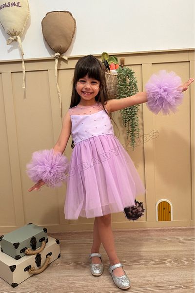 penu baby kids Lilac Tulle Big Pompom Girl's Baby Girl Dress with Pearls on Top