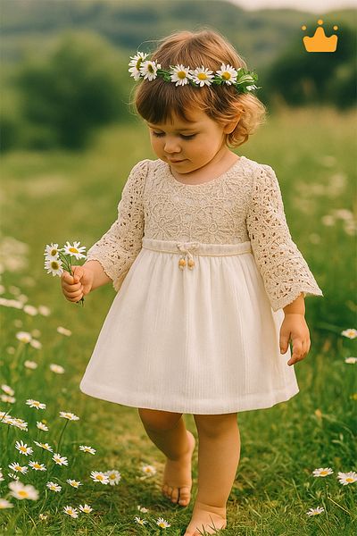 Mymio 0-24 Months Baby Girl Child Beaded Natural Lace Summer Eid Dress Ecru 3902
