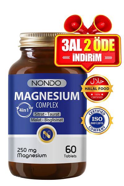 Nondo Magnesium Complex 60 Tablets 250 Mg 4 Forms, Citrate, Taurate, Malate, Bisglycinate, Vitamin B6,