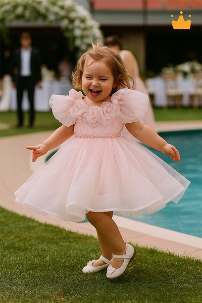 MİNİMONY Ροζ γιακά τούλι φόρεμα κοριτσιού 2-6 ετών Eid Wedding Dress Powder 3502